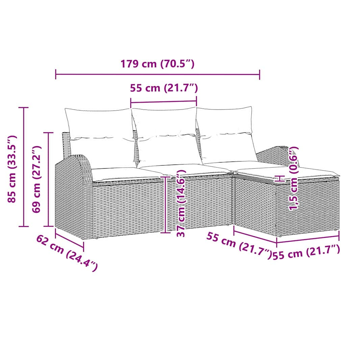 Ein geflochtenes Outdoor-Sofa mit Kissen. Abmessungen sind im Bild angegeben.
