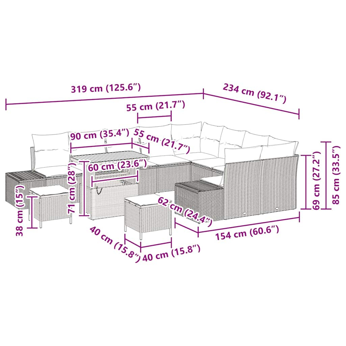 Gartenmöbel-Set mit L-Sofa, Tisch und zwei Hockern. Detaillierte Maße jedes Teils sichtbar.