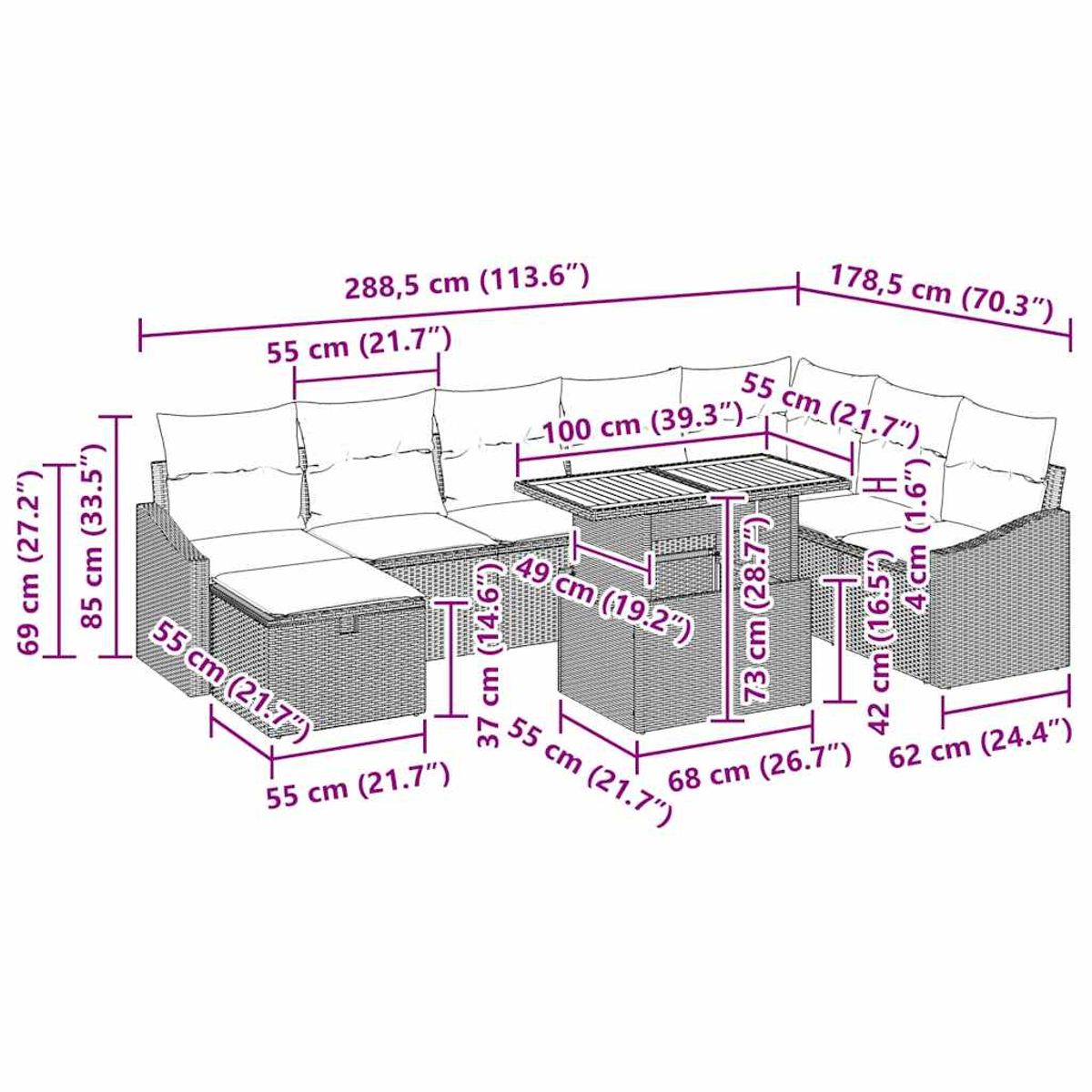 Gartenmöbel-Set mit L-förmigem Sofa. Maße in Zentimetern für jeden Abschnitt angegeben.