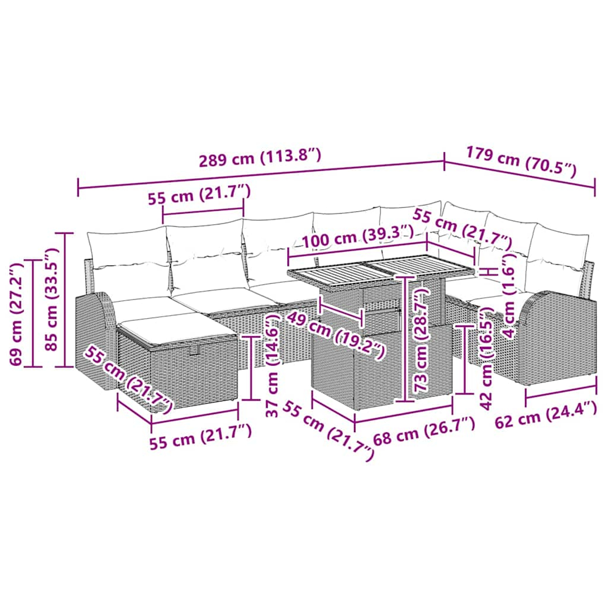 Ein Outdoor-Ecksofa mit Tisch. Abmessungen sind im Bild angegeben.