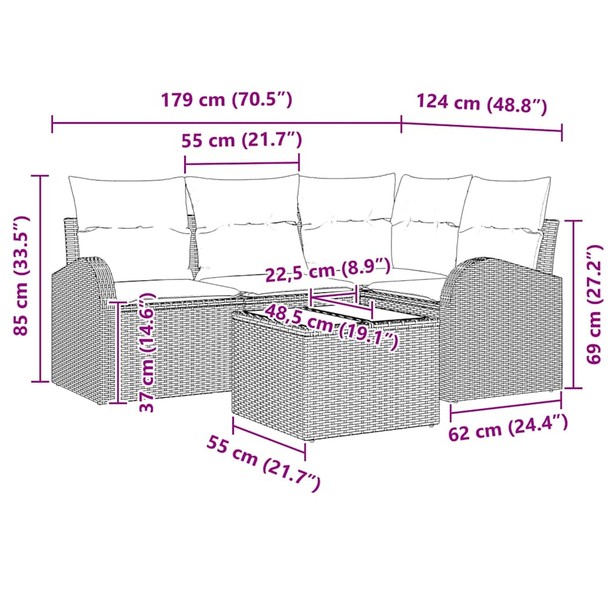 Outdoor-Wicker-Sofagarnitur mit Maßen. Inklusive Tisch. Weiße Kissen auf Sitz und Rückenlehne.