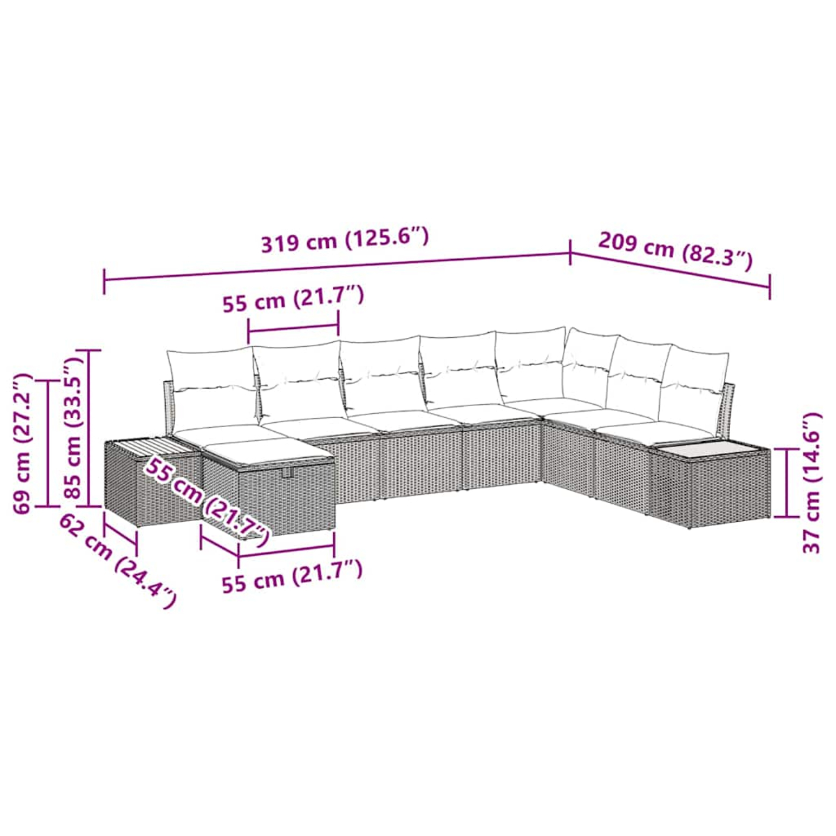Ein geflochtenes Outdoor-Ecksofa mit Kissen. Abmessungen sind im Bild angegeben.