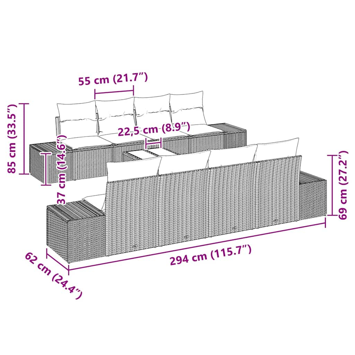 Outdoor-Wicker-Sofagarnitur mit Maßangaben. Enthält zwei Sofas und einen Tisch. Weiße Kissen.