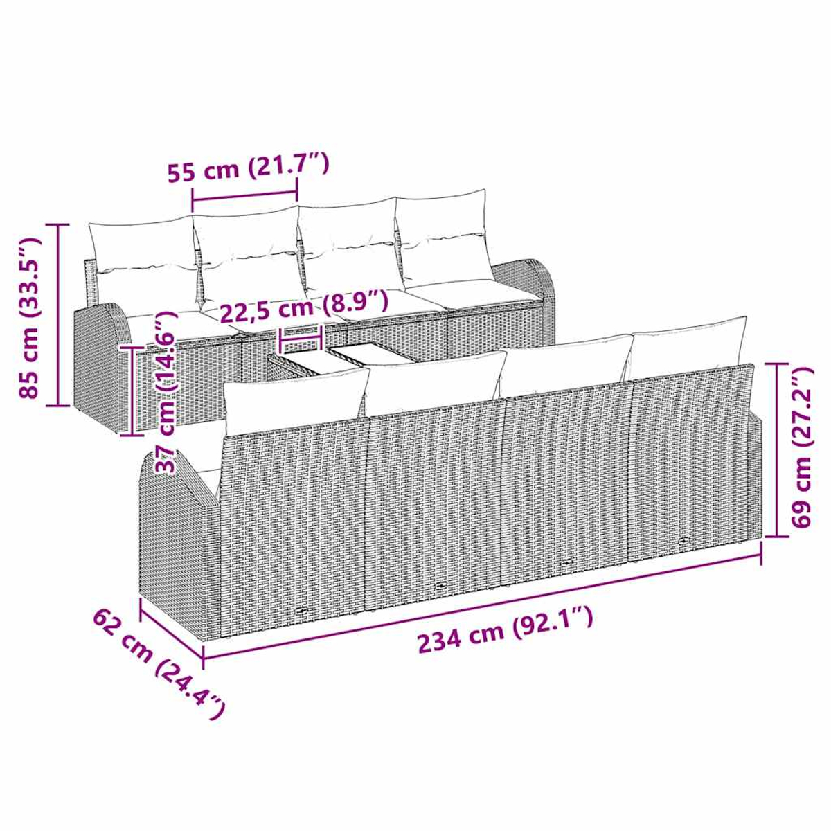 Outdoor-Wicker-Sofagarnitur mit Maßangaben. Enthält zwei Sofas und einen Tisch. Weiße Kissen.