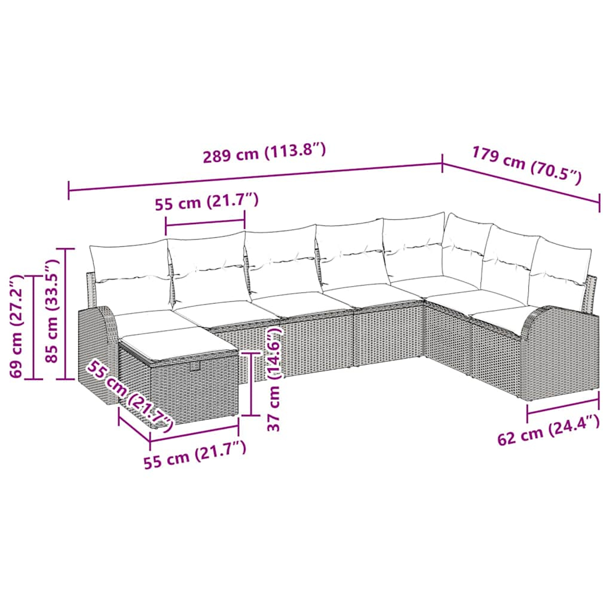 Outdoor-Wicker-Sofagarnitur mit Maßangaben. Das Sofa hat weiße Kissen und einen gewebten Rahmen.