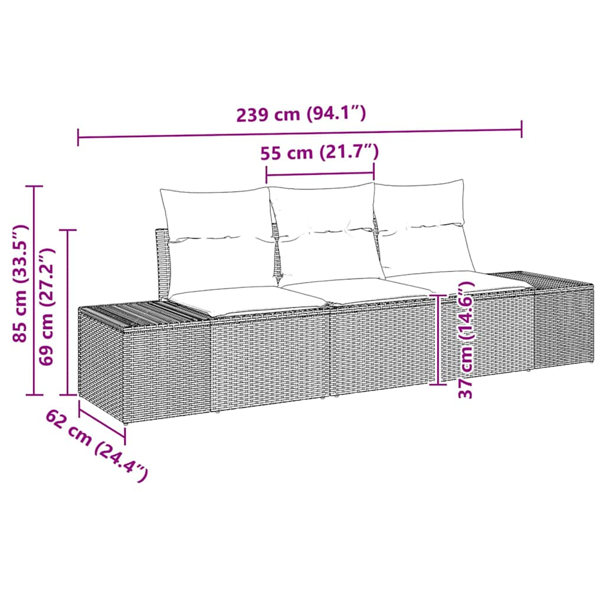 Outdoor-Wicker-Sofagarnitur mit Maßangaben. Das Sofa hat weiße Kissen und einen gewebten Rahmen.