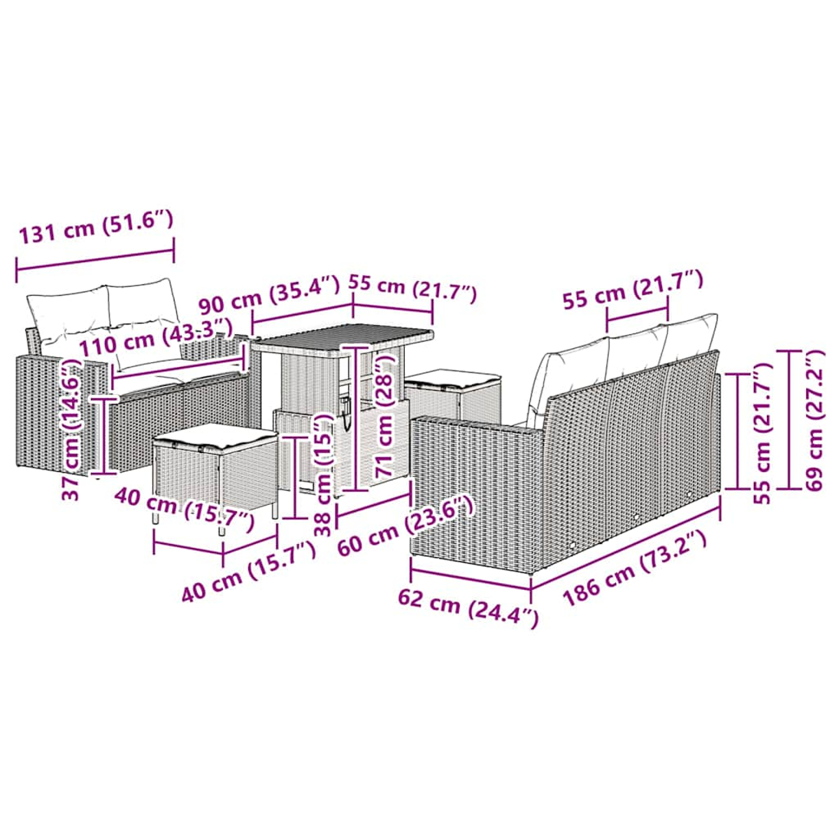 Set divano in vimini da esterno con dimensioni. Include tavolo, pouf e sedili con cuscini bianchi.