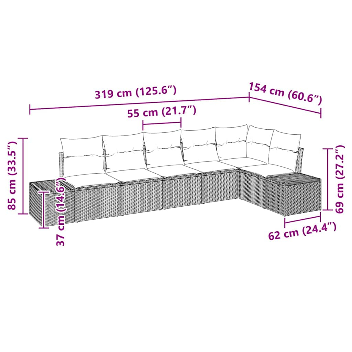 Ein Ecksofa mit Kissen. Abmessungen sind beschriftet.