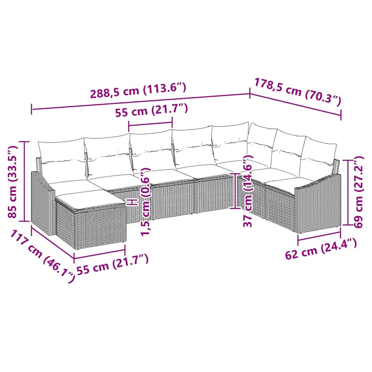 Geflochtenes Sofa mit Maßangaben. Es hat Kissen, ein Eckteil und mehrere Abschnitte. Maße sind in cm und Zoll angegeben.