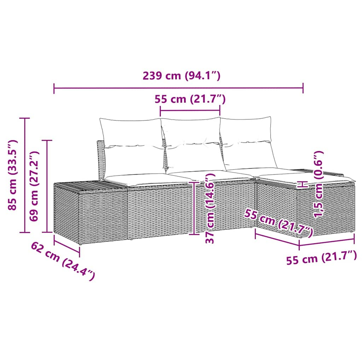 Geflochtenes Sofa mit Maßangaben. Es hat Kissen und mehrere Abschnitte. Maße sind in cm und Zoll angegeben.