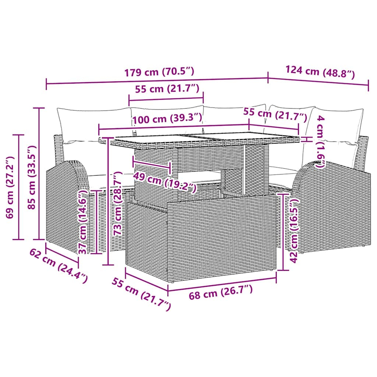 Geflochtenes Sofaset mit Tisch, Maßangaben. Inklusive Kissen. Maße in cm und Zoll.