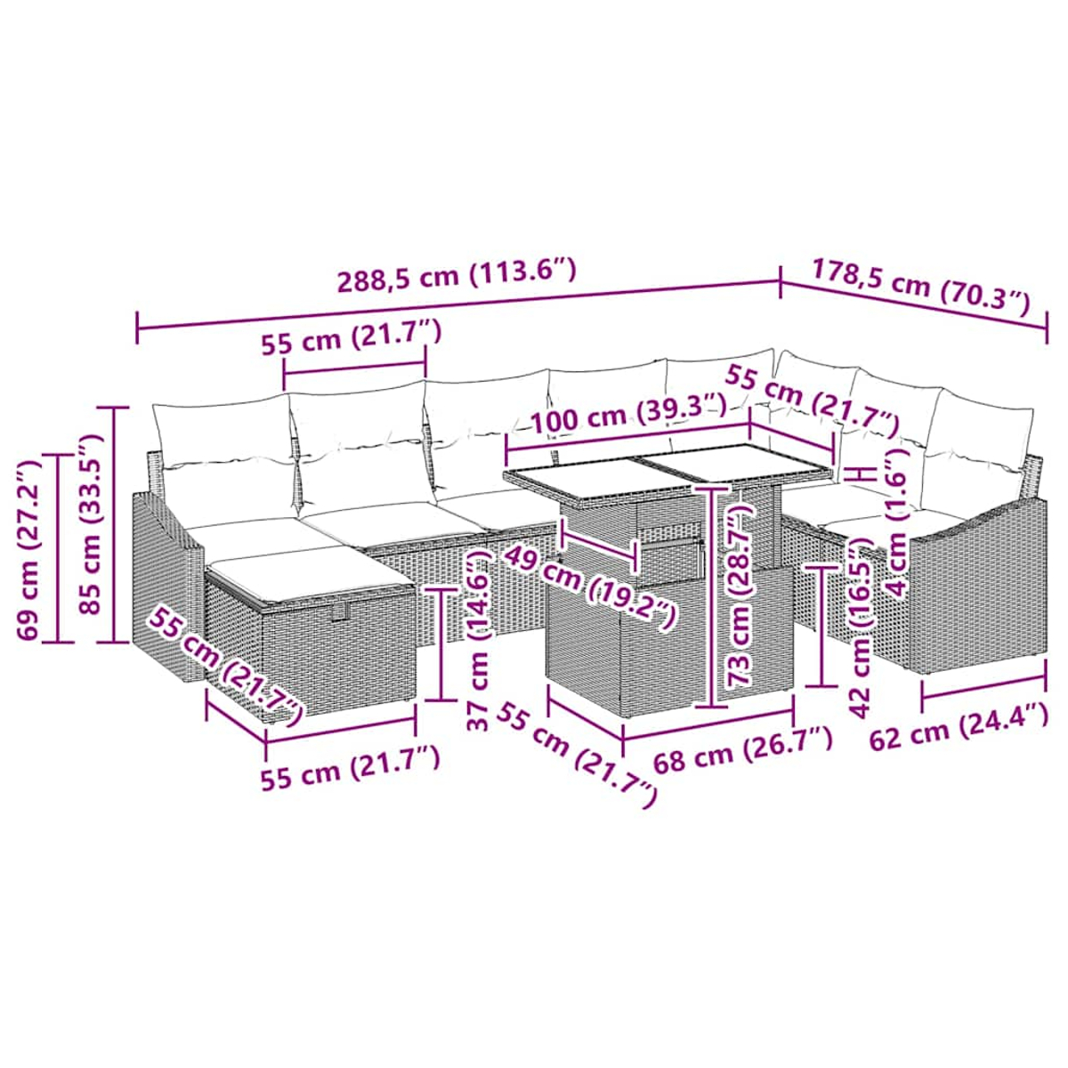 Geflochtenes Sofaset mit Tisch, Maßangaben. Inklusive Kissen. Maße in cm und Zoll.