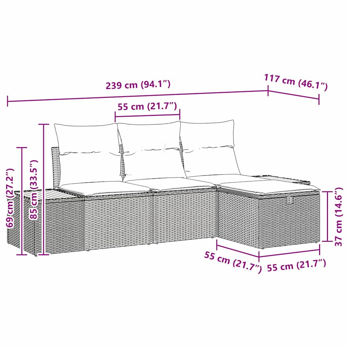 Diagramm eines Outdoor-Ecksofas aus Korbgeflecht mit Maßen. Es hat eine Ottomane und einen Dreisitzer.