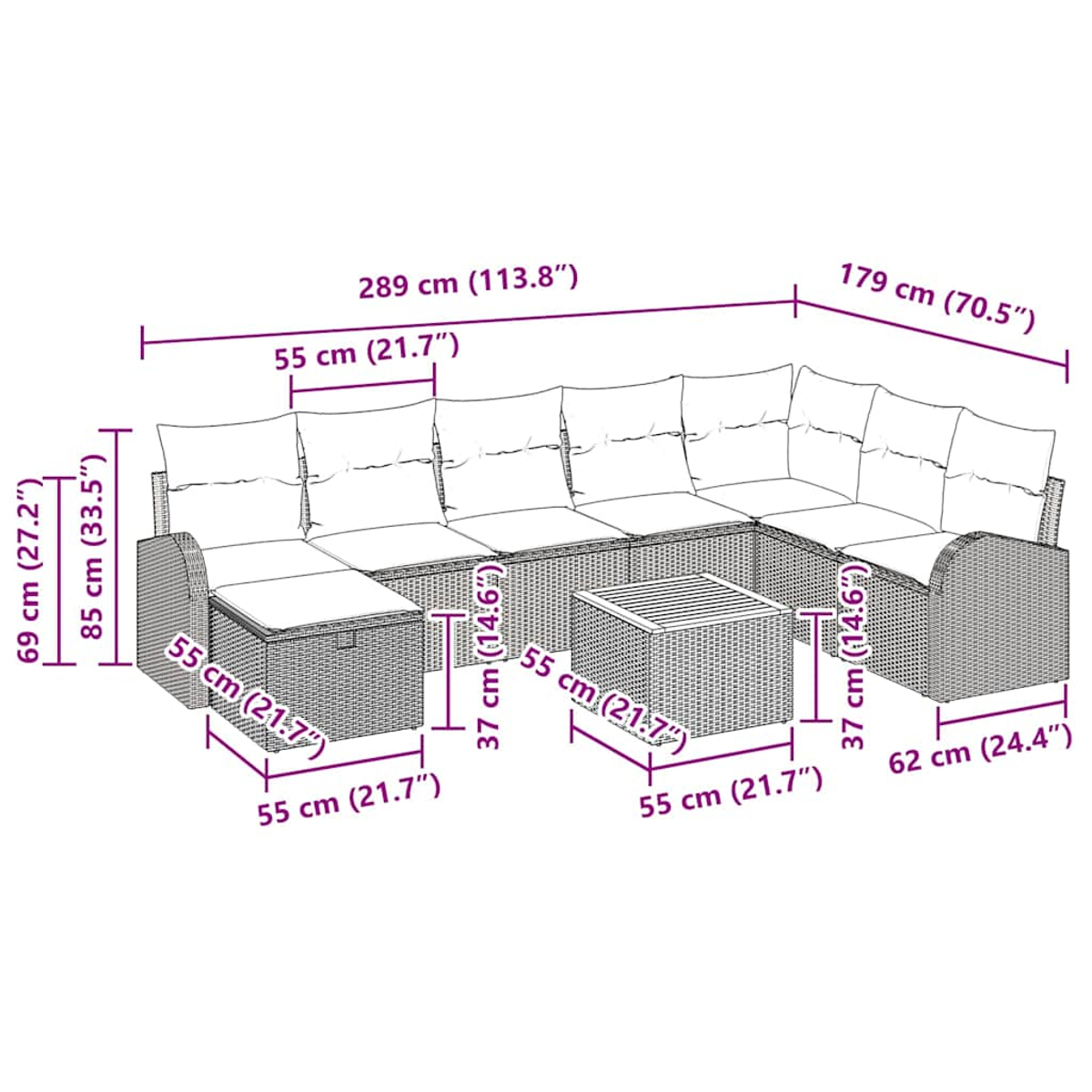 Diagramm eines Outdoor-Ecksofas aus Korbgeflecht mit Maßen. Enthält eine Ottomane und einen Couchtisch.