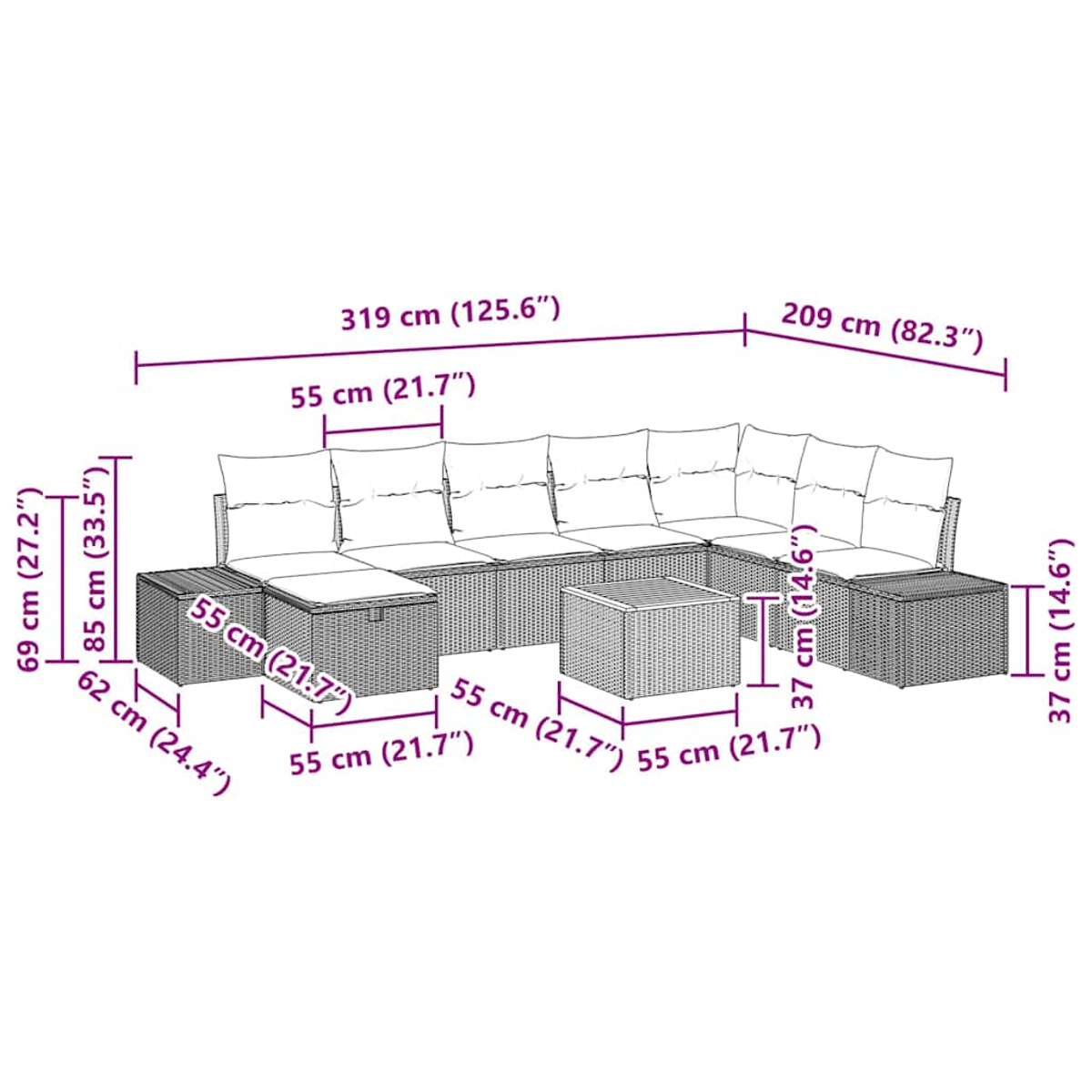 Diagramm eines Outdoor-Ecksofas aus Korbgeflecht mit Maßen. Enthält eine Ottomane und einen Couchtisch.