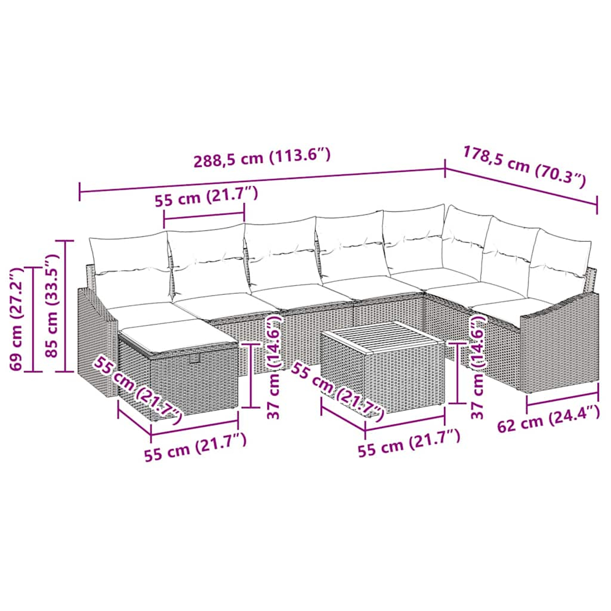 Diagramm eines Outdoor-Ecksofas aus Korbgeflecht mit Maßen. Enthält eine Ottomane und einen Couchtisch.