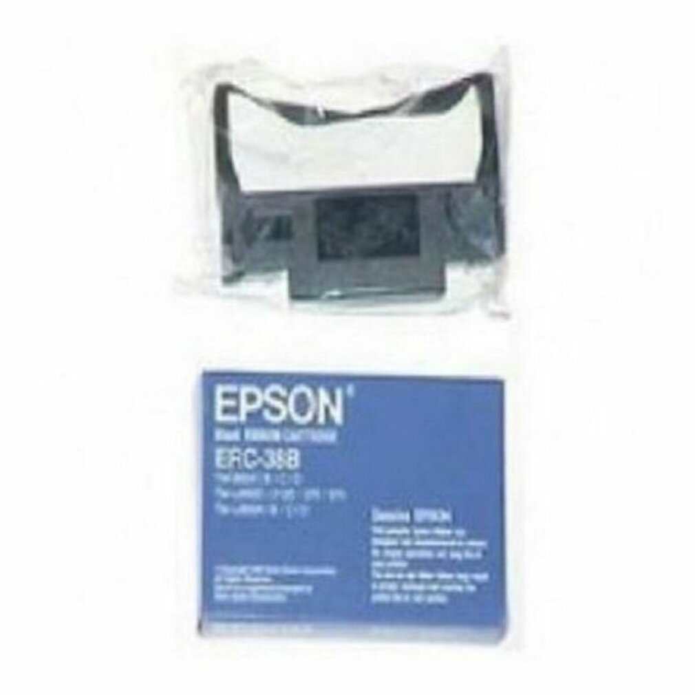 Una cartuccia a nastro inchiostrato Epson ERC-38, confezionata in plastica e una scatola blu con marchio Epson.