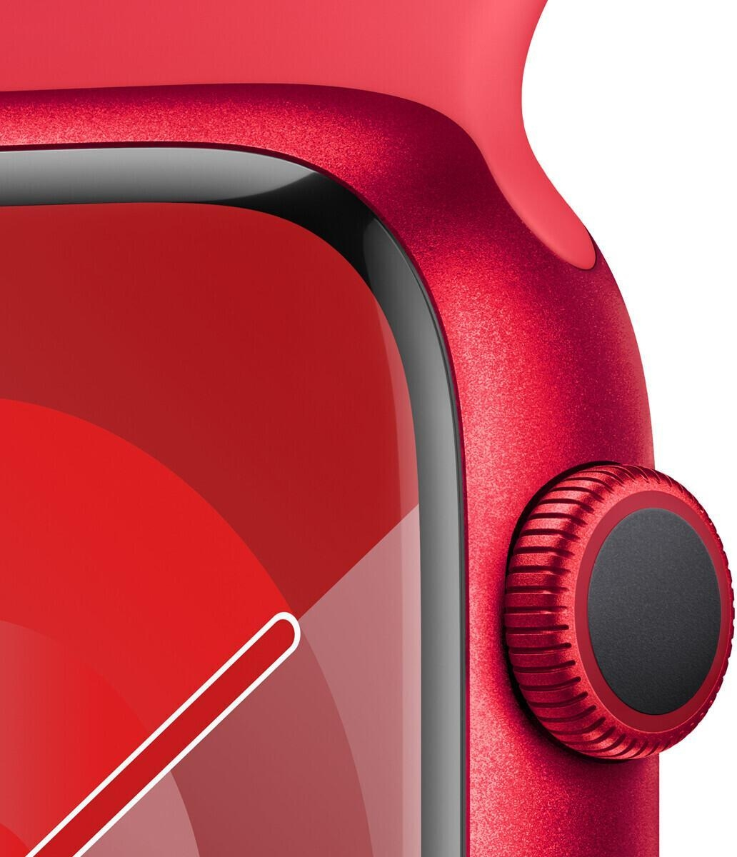 Nahaufnahme einer roten Smartwatch. Der Bildschirm ist rot mit weißen Linien. Die Seite hat eine strukturierte Taste.