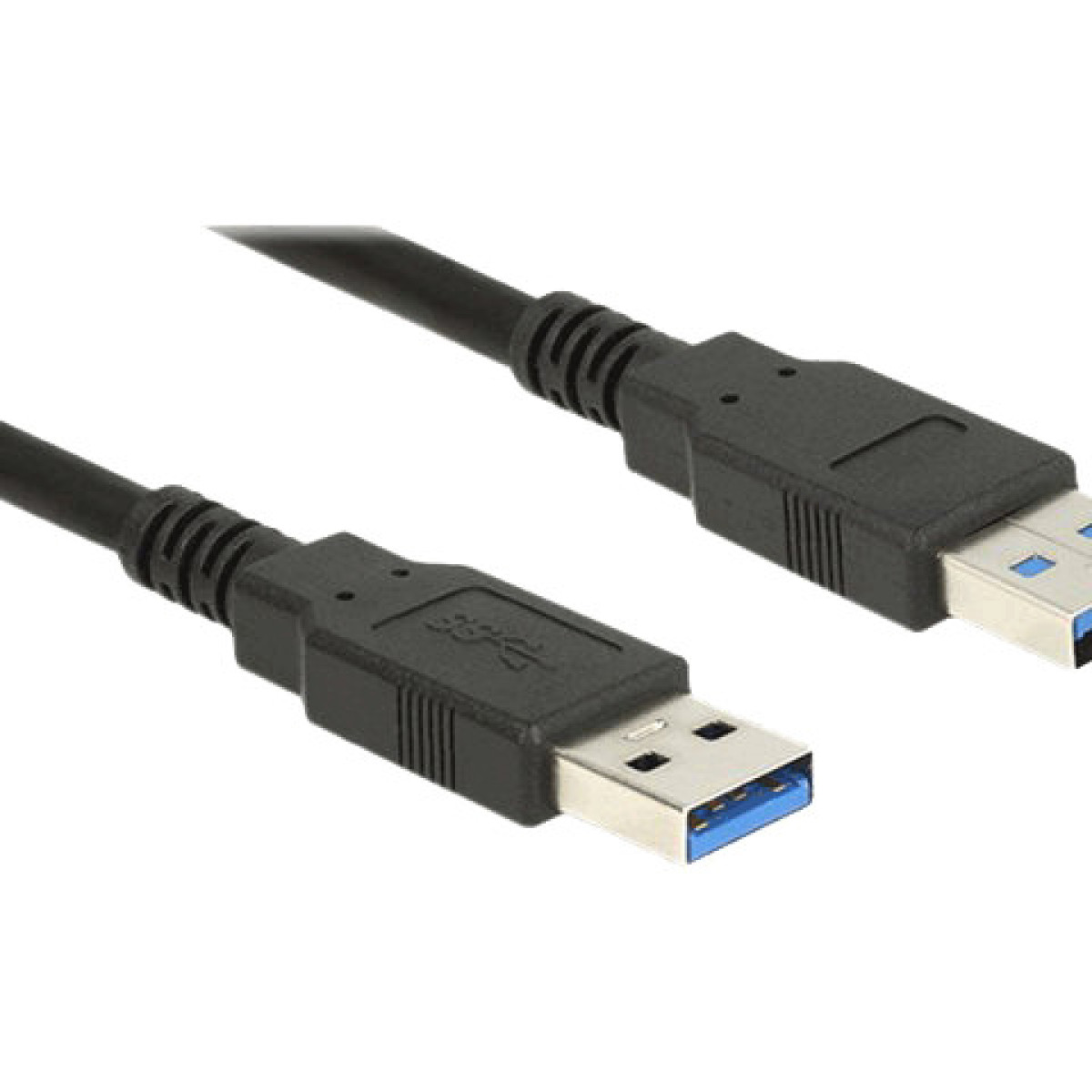 Twee zwarte USB-kabels met connectoren. De connectoren hebben blauwe en zilveren details.