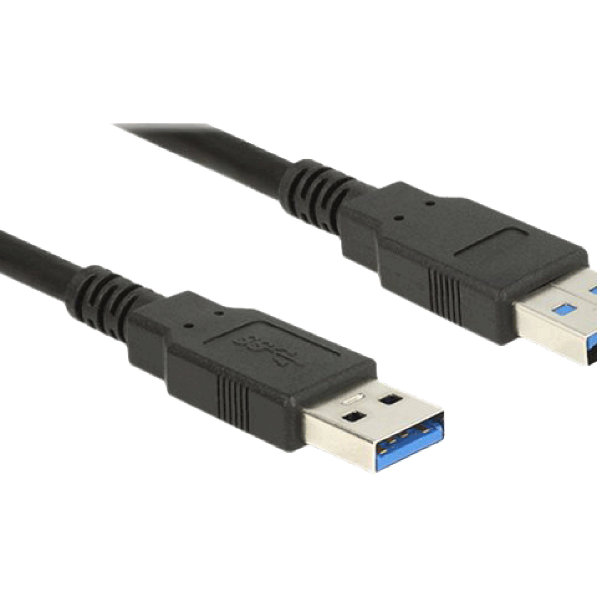Twee zwarte USB-kabels met connectoren. De connectoren hebben blauwe en zilveren details.