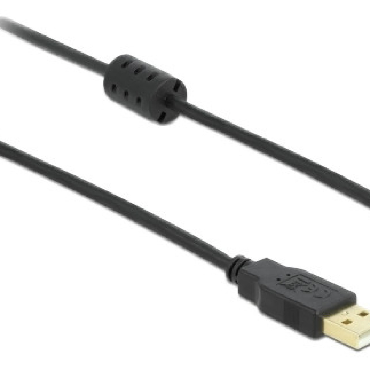 Un cavo USB nero con un connettore all'estremità. Lo sfondo è bianco.