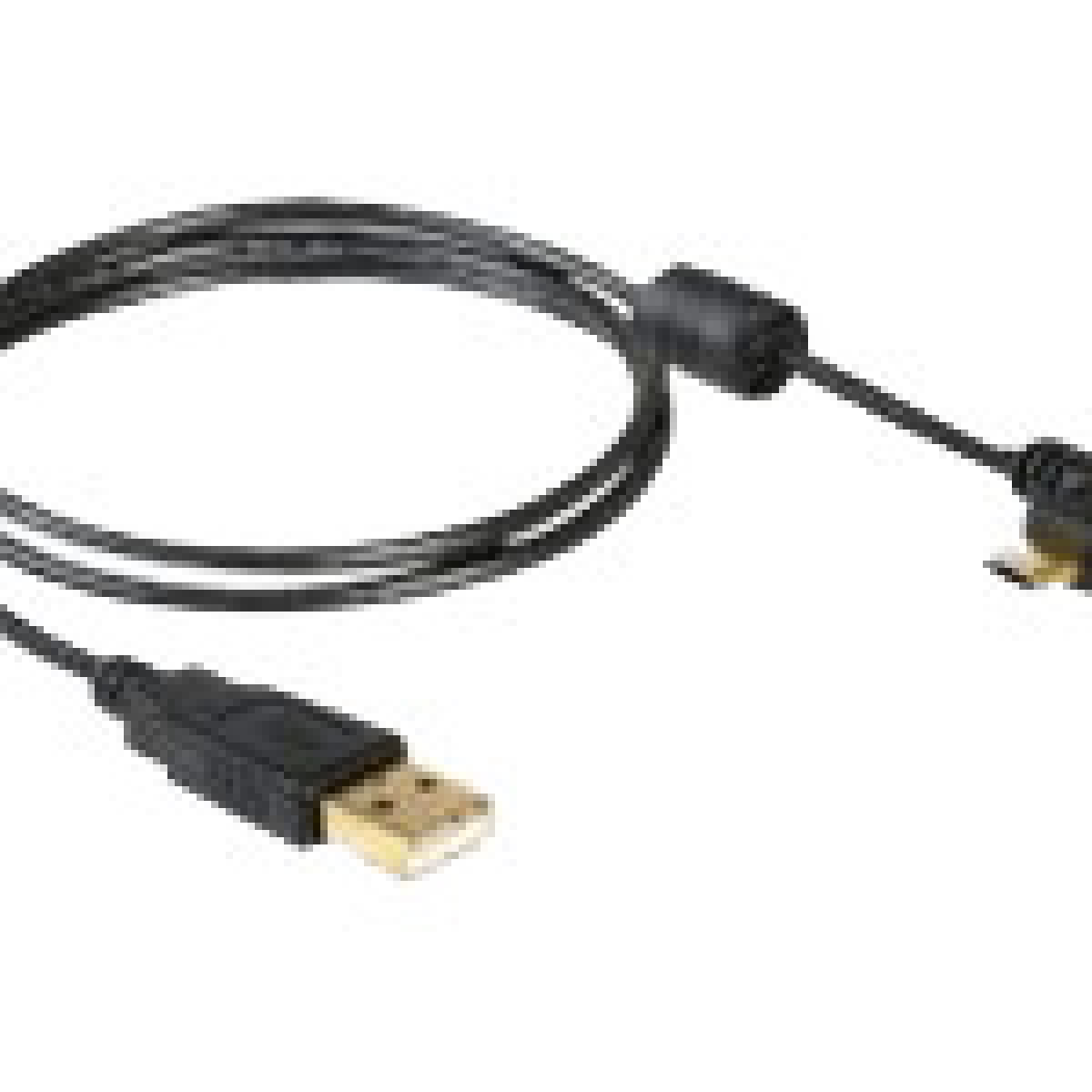 Un câble USB noir avec des connecteurs aux deux extrémités. Le fond est blanc.