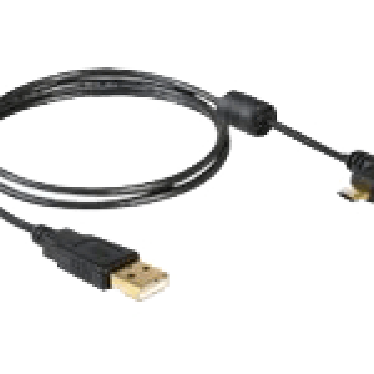 Un câble USB noir avec des connecteurs aux deux extrémités. Le fond est blanc.