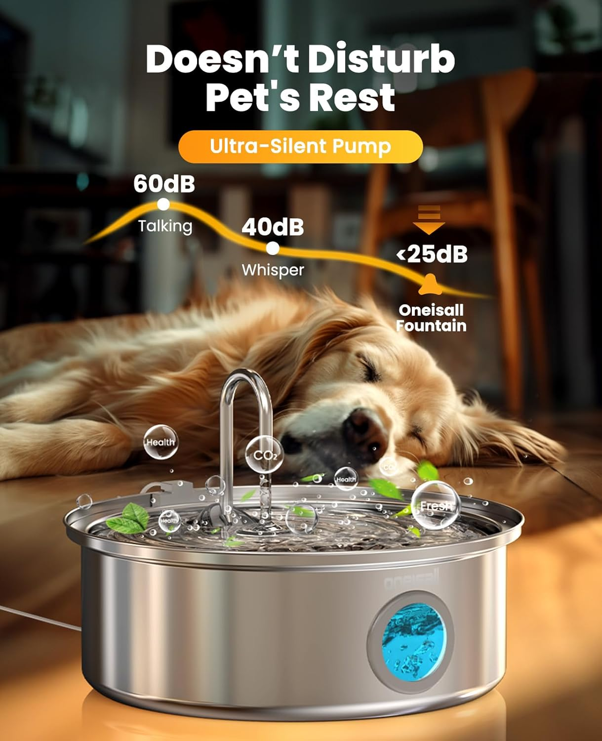 Ein Golden Retriever schläft in der Nähe eines Haustier-Wasserbrunnens. Grafiken zeigen Geräuschpegel, Gesundheits- und Frische-Icons.