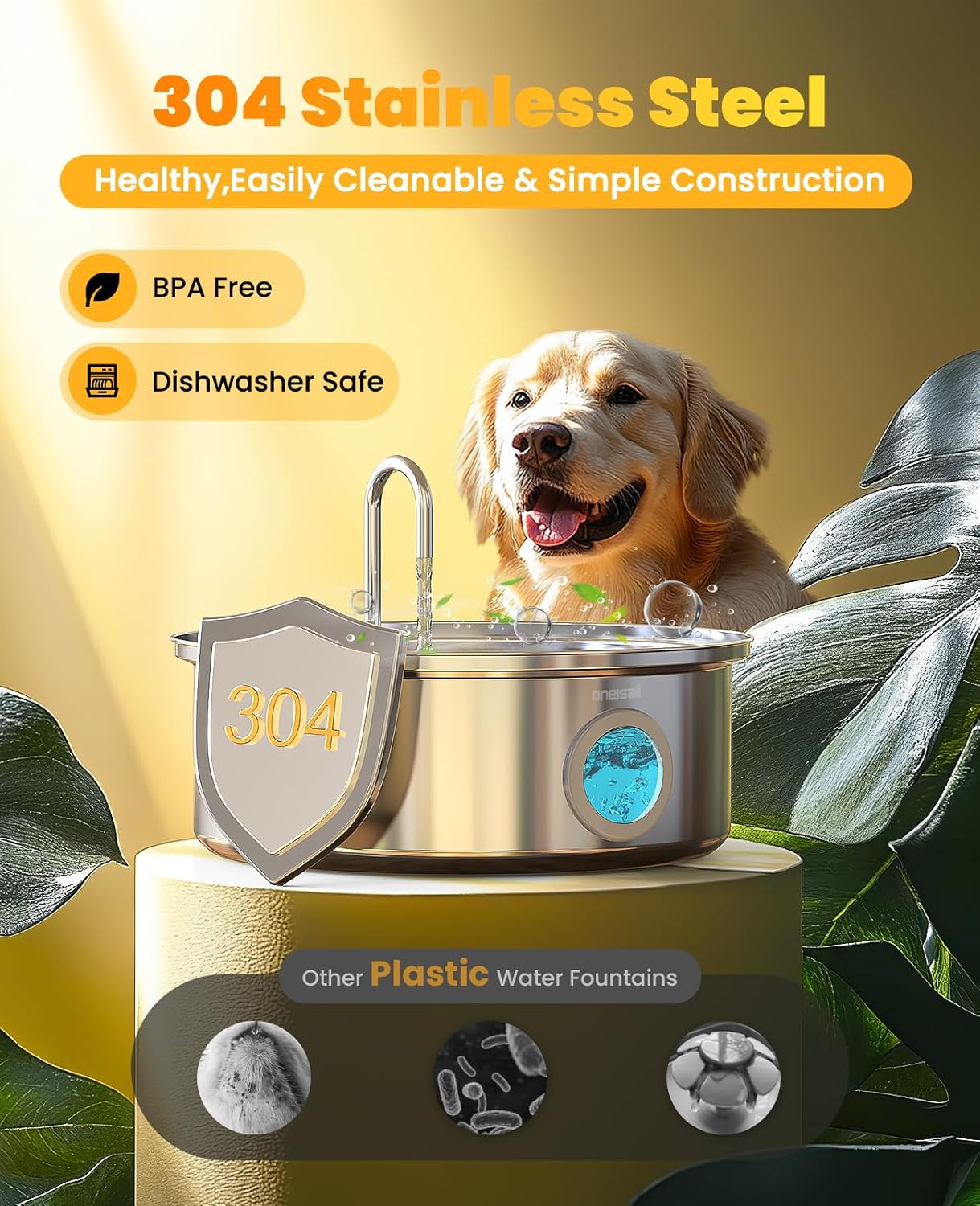 Ein Golden Retriever blickt über eine Edelstahlnapf. Der Text besagt BPA-frei und spülmaschinenfest.