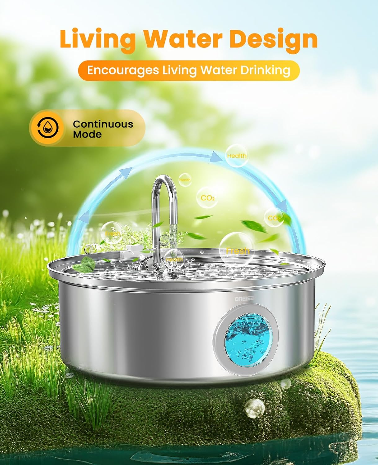 Ein Haustier-Wasserbrunnen steht auf Moos. Kreisförmige Grafiken zeigen Gesundheit und Dauerbetrieb. Wasser fließt von oben.