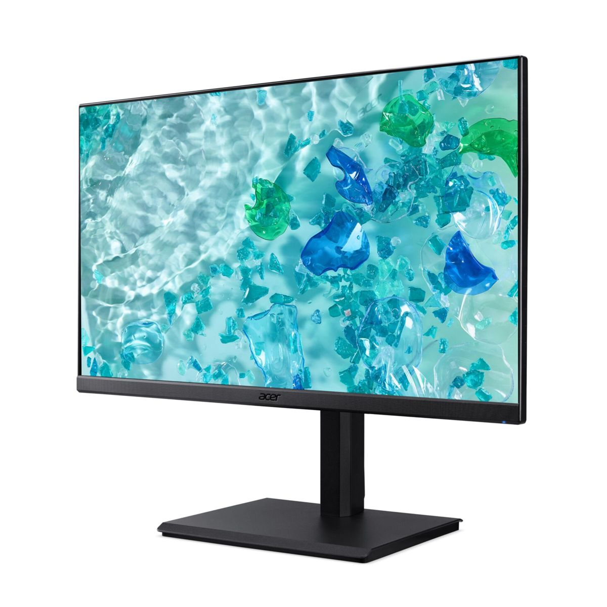 Monitor zeigt einen Bildschirm mit abstrakten türkisfarbenen Formen auf hellblauem Grund, Acer-Logo unten.