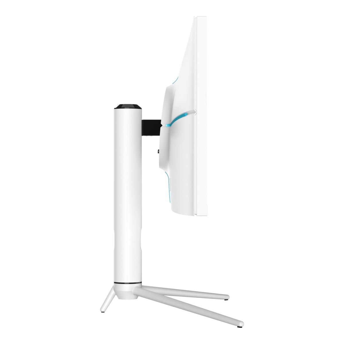 Biały monitor komputerowy z boku, pokazujący podstawę i elegancki design.