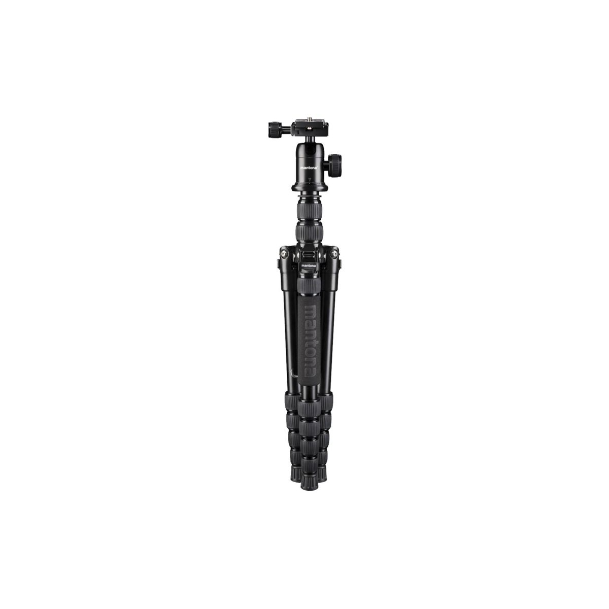 Un trípode Manfrotto negro, completamente extendido, sobre un fondo blanco.