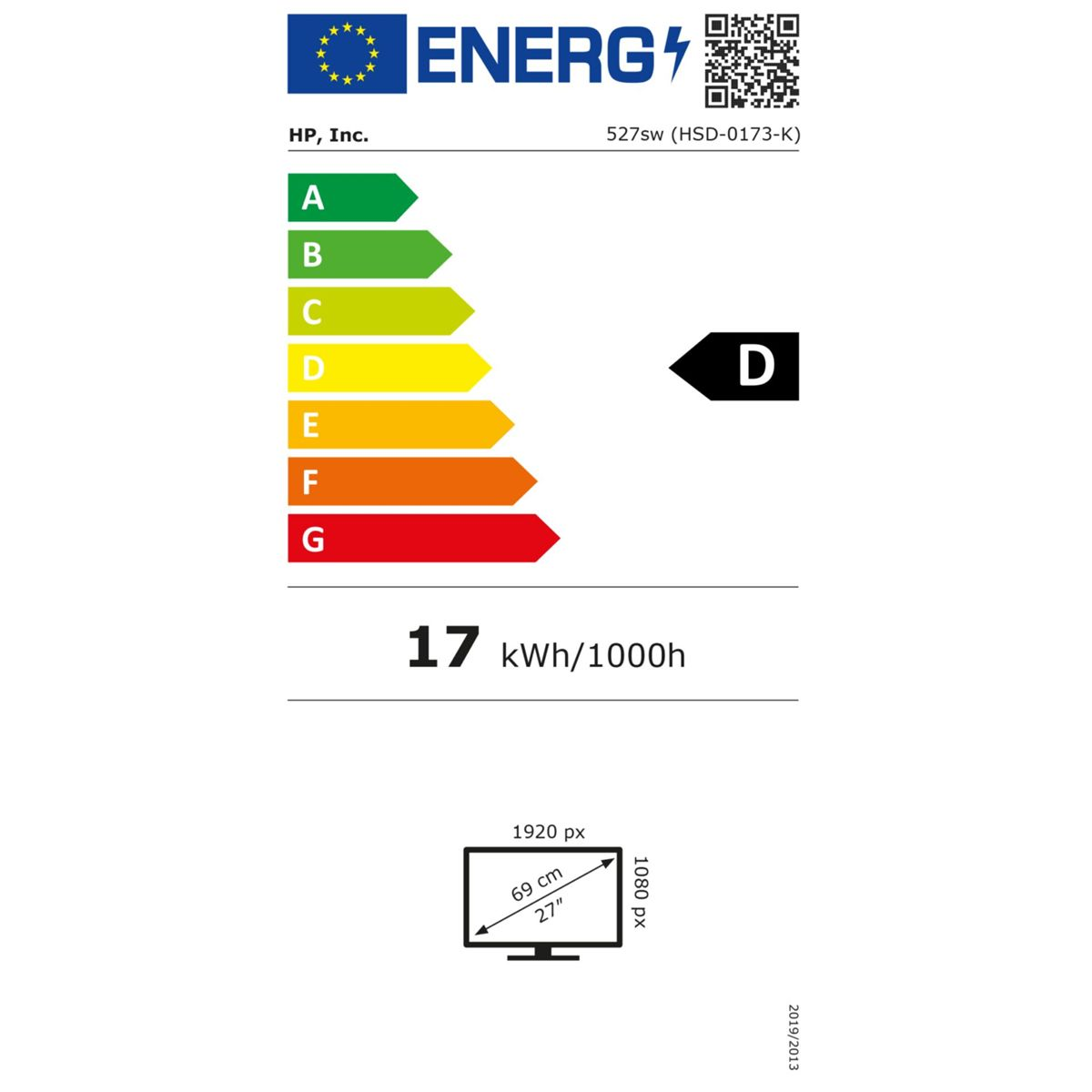 Etykieta energetyczna dla monitora HP. Klasa efektywności energetycznej D, 17 kWh/1000h, i szczegóły monitora.