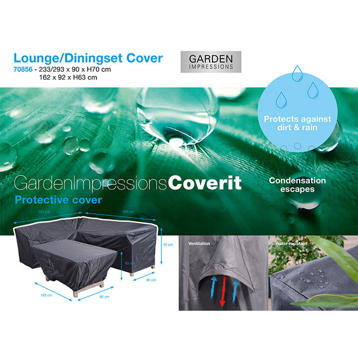 A protective cover for a lounge/dining set, with dimensions and descriptions, water-resistant.