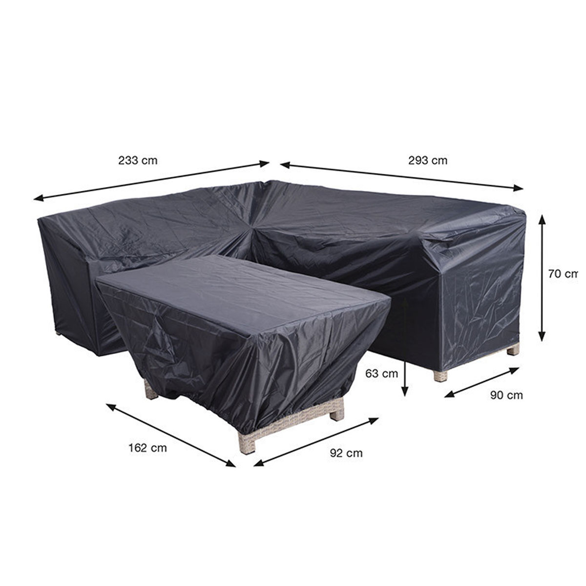 Black protective cover over a sofa and table set, showing dimensions.