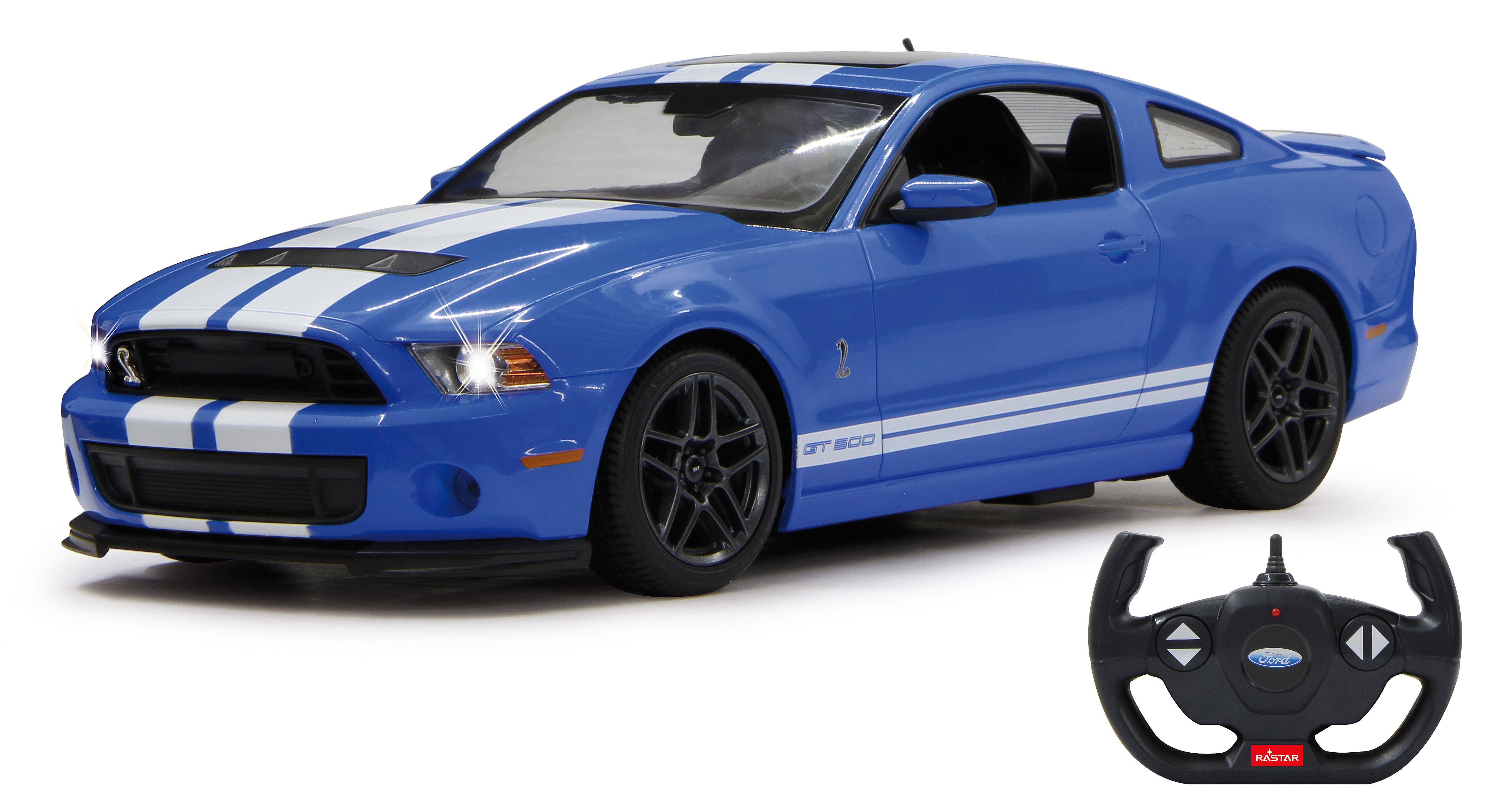 Blaues Ford Mustang GT500 Modellauto mit weißen Streifen, Scheinwerfer an und schwarzer Fernbedienung.