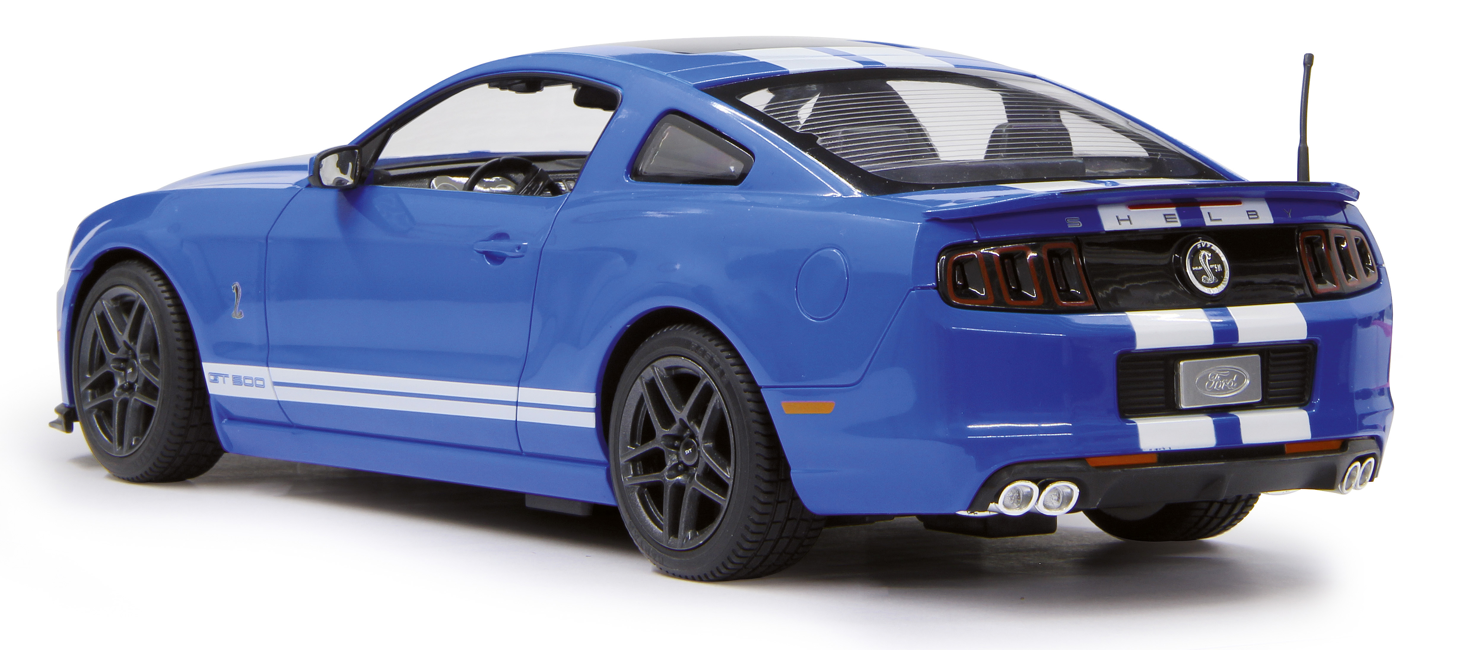 Blaues Ford Mustang GT500 Modellauto, mit weißen Streifen, schwarzen Rädern und weißem Hintergrund.