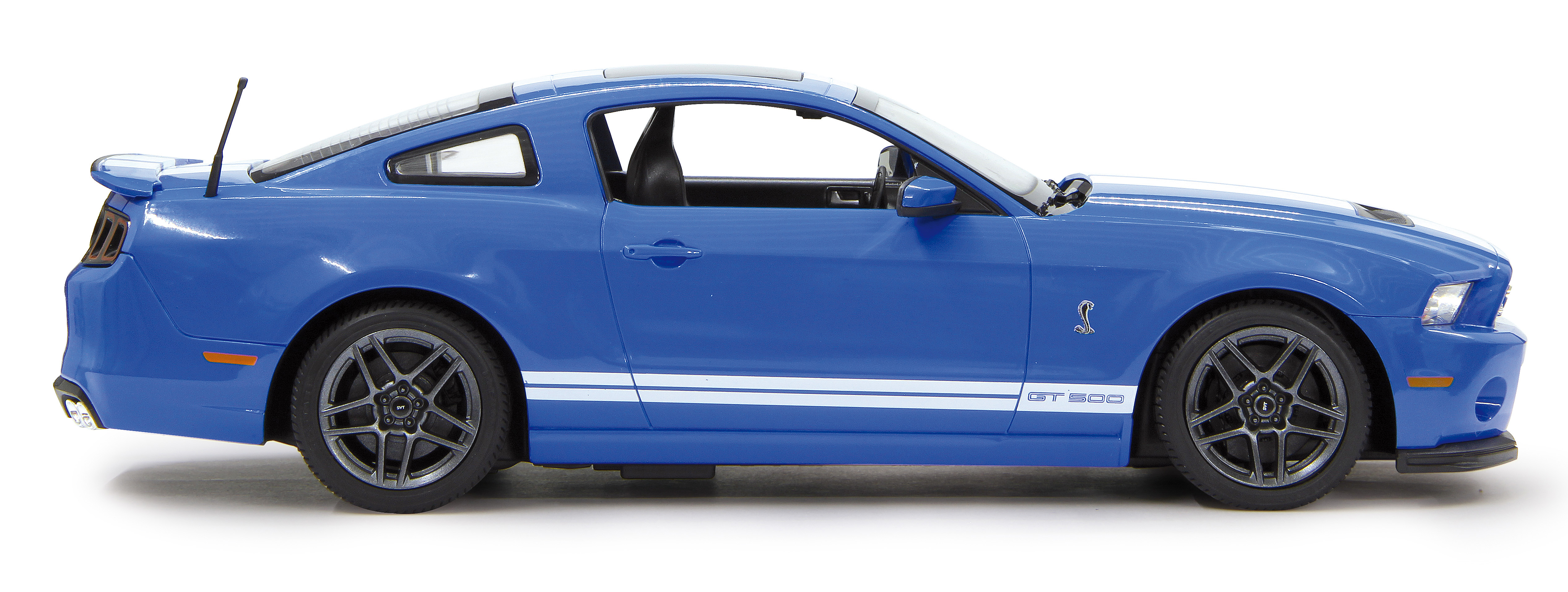 Blaues Ford Mustang GT500 Modellauto, von der Seite gesehen, mit weißen Streifen und weißem Hintergrund.