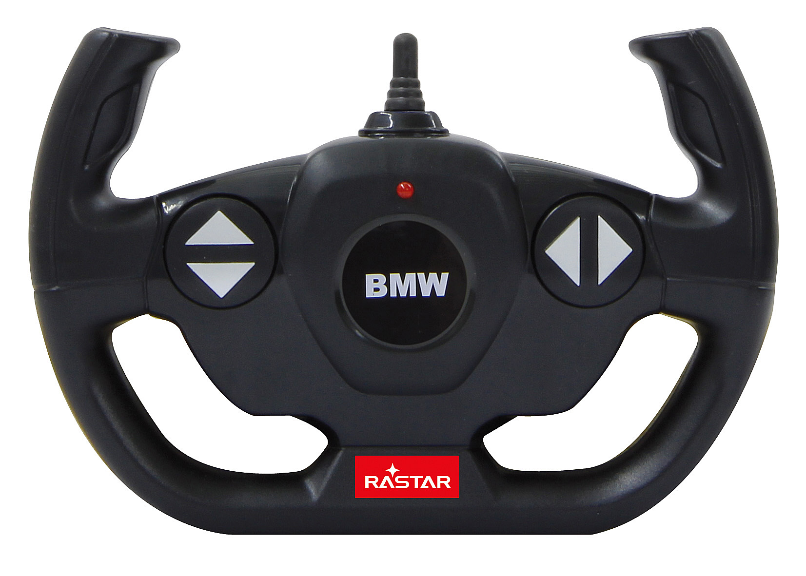 Czarna kierownica BMW. Srebrne logo BMW na środku.