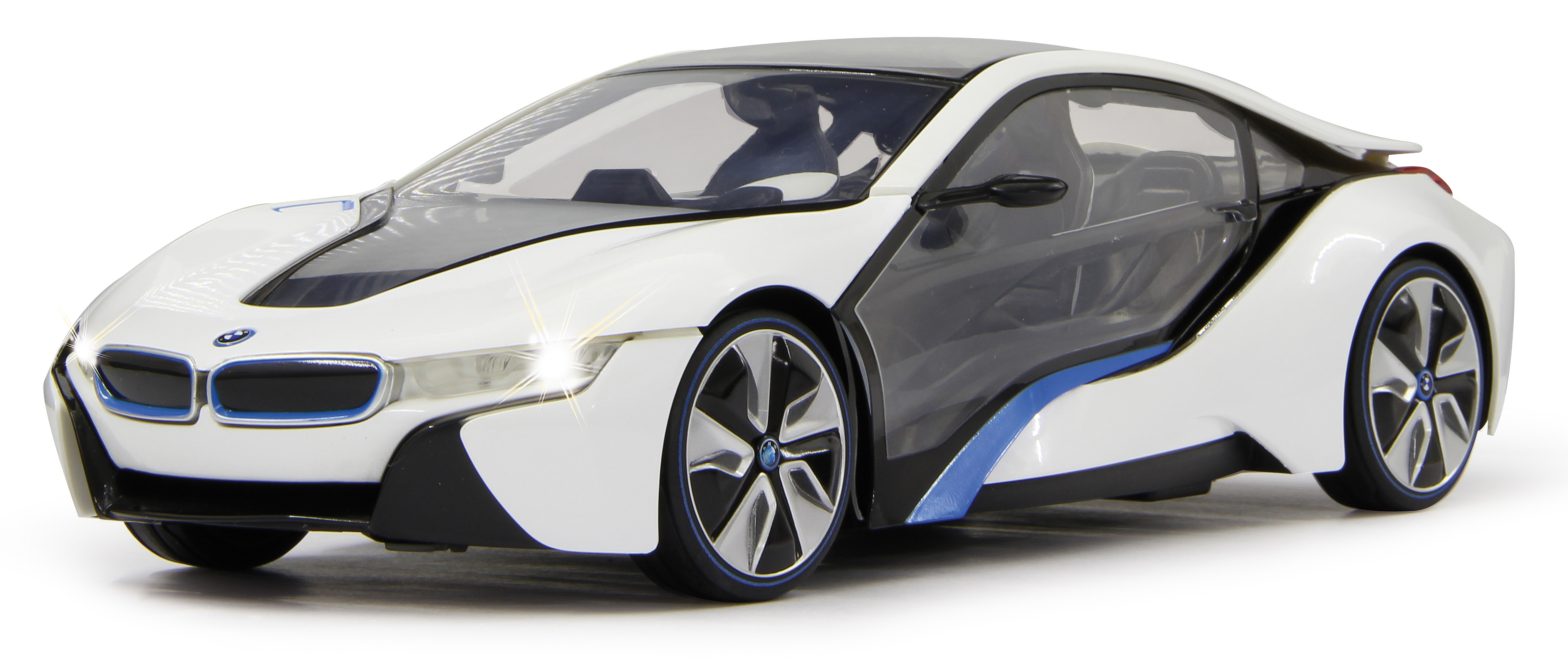 Biały zabawkowy samochód BMW i8 z czarnymi i niebieskimi akcentami, światłami i białym tłem.