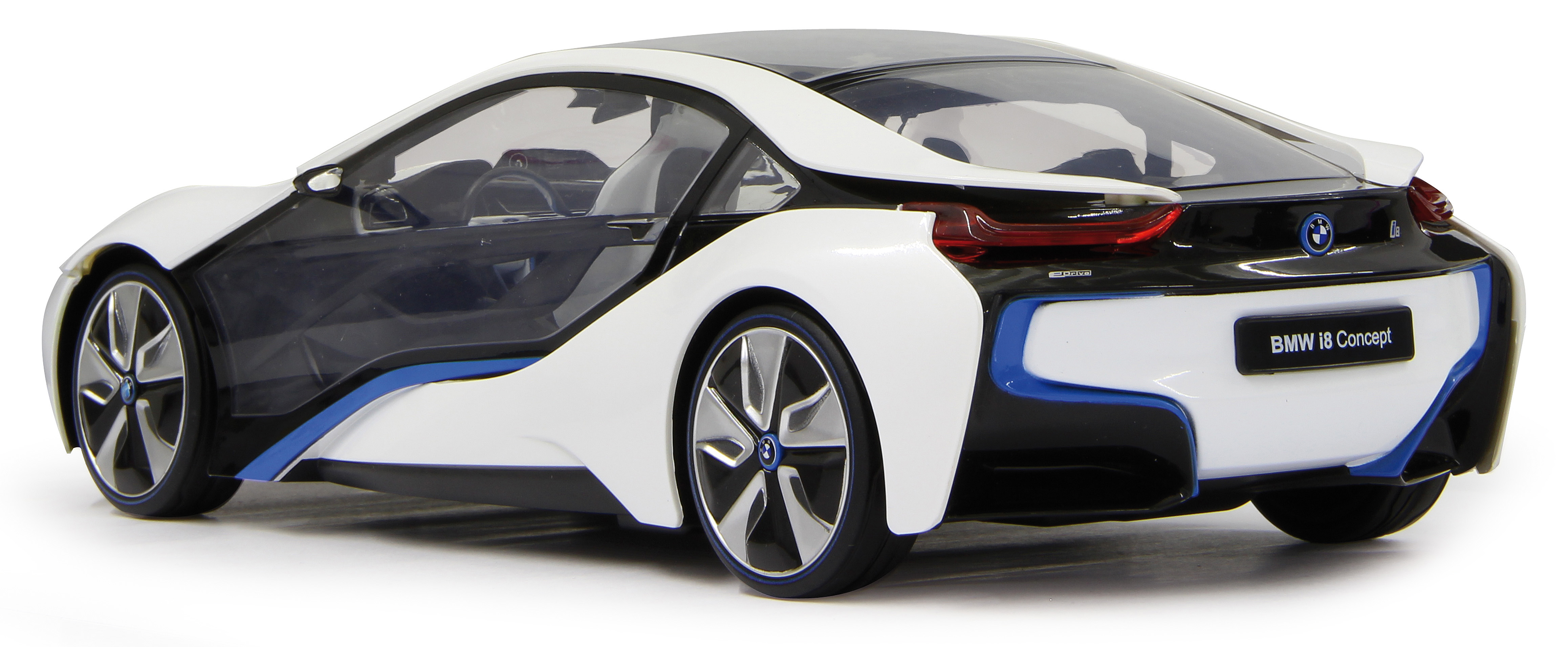 Biało-czarny samochód BMW i8 Concept. Widok z tyłu, na białym tle.