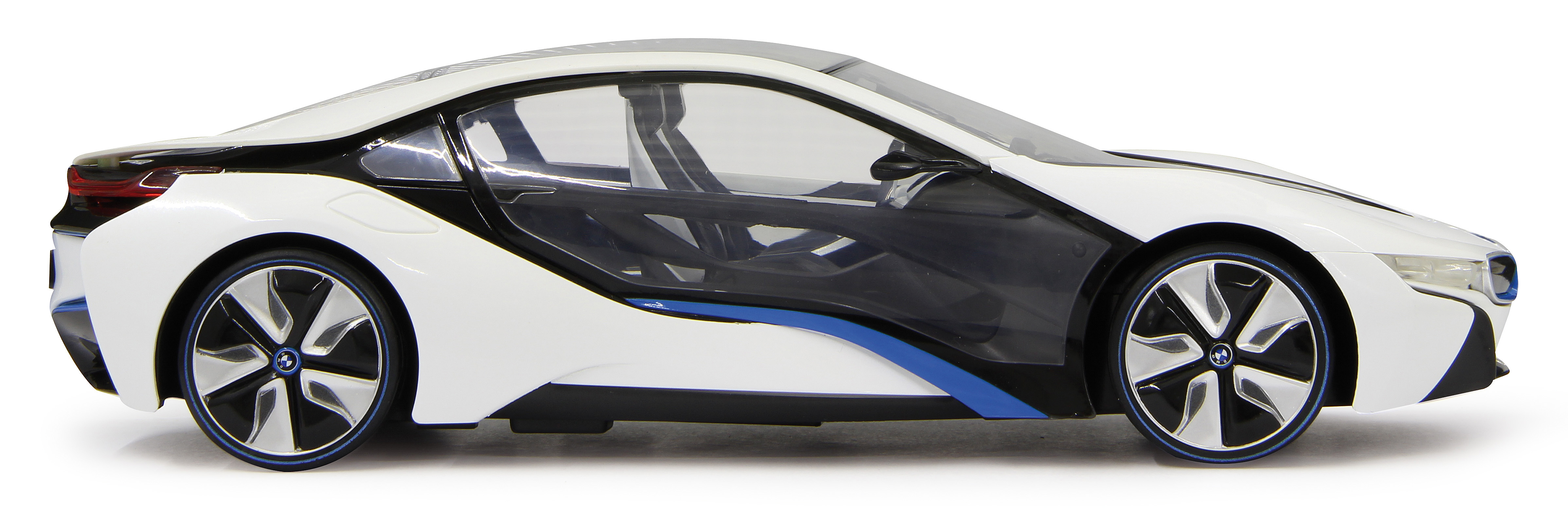 Widok z boku białego zabawkowego samochodu BMW i8 z czarnymi i niebieskimi akcentami.