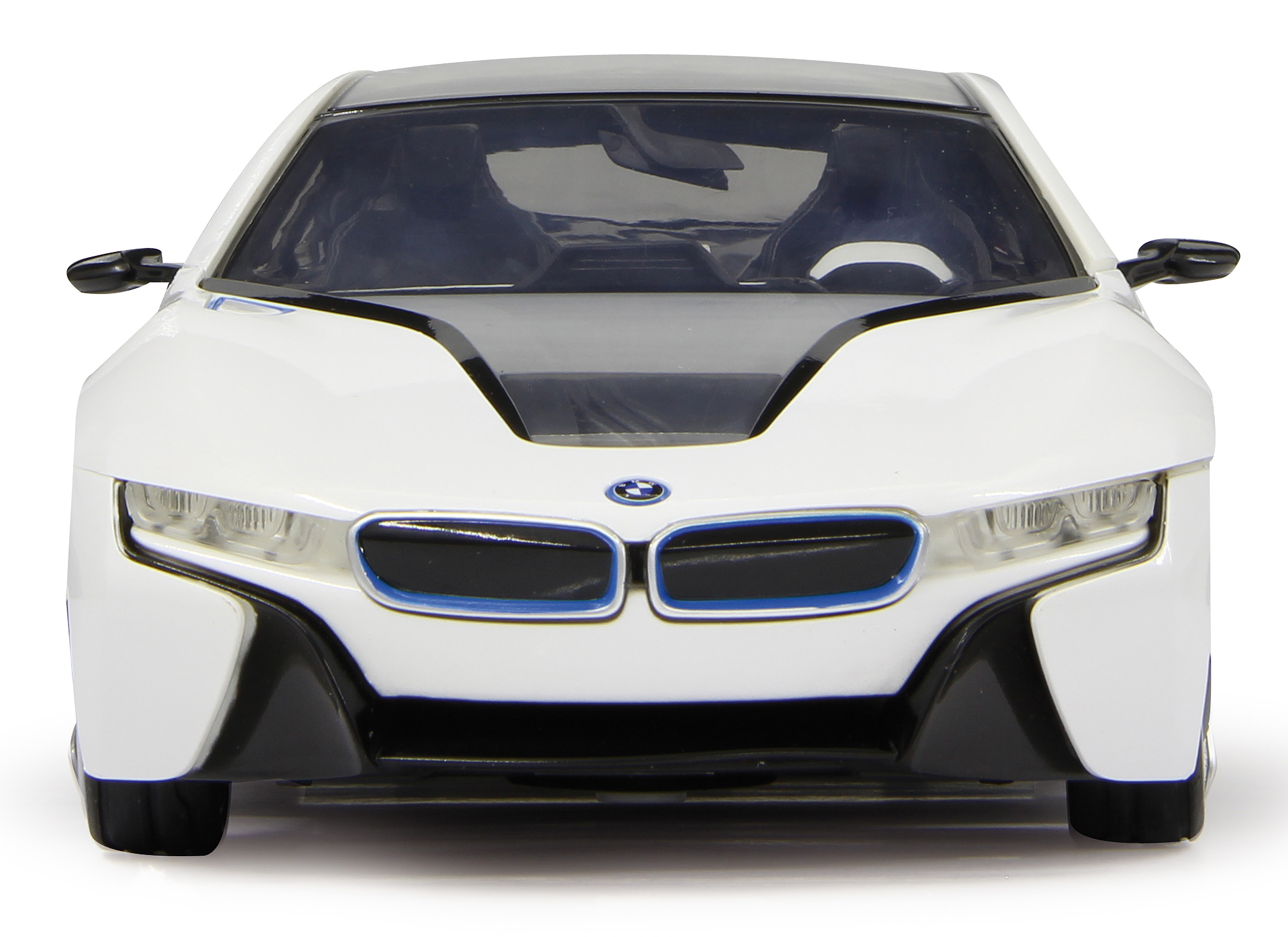 Biało-czarny samochód BMW i8. Widok z przodu, na białym tle.