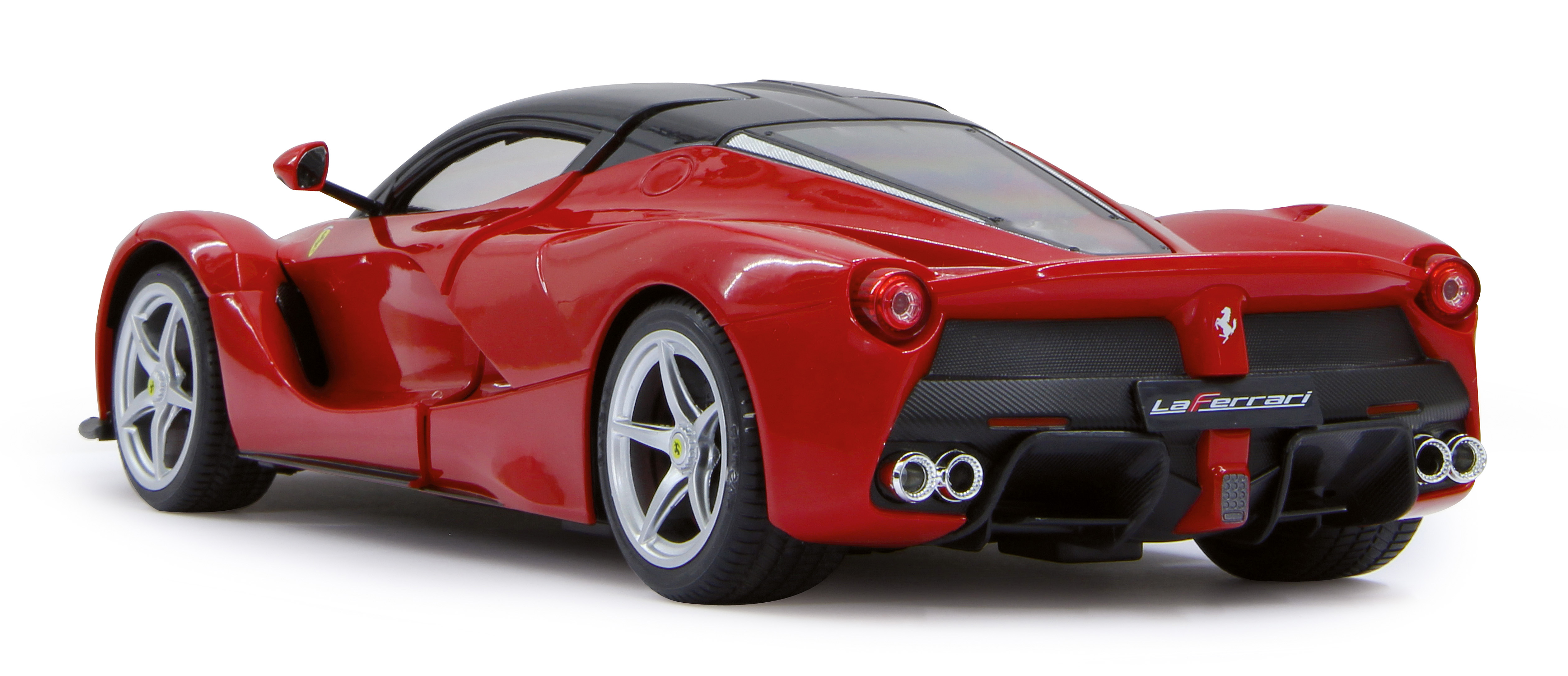 A red Ferrari toy car viewed from the back.