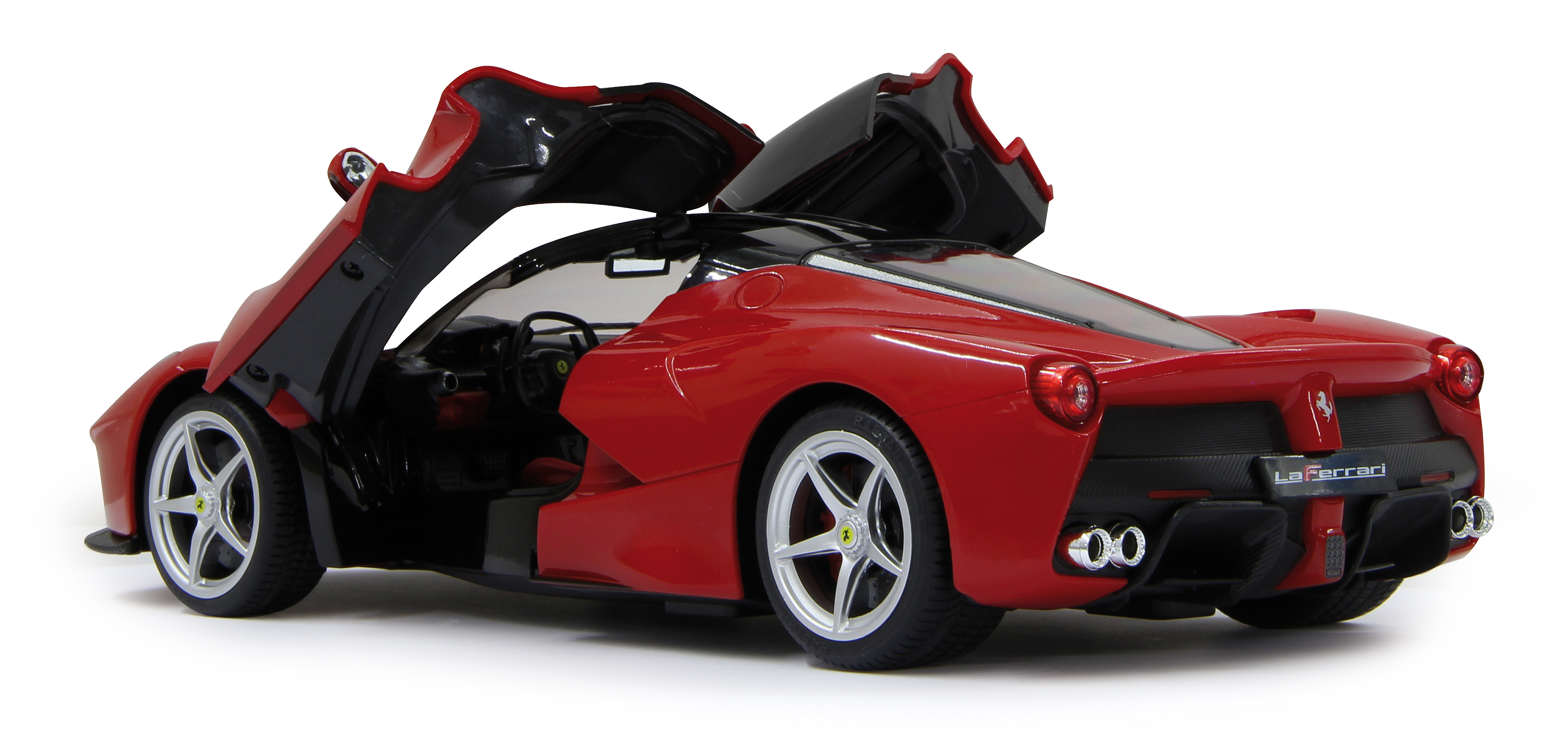 A red Ferrari toy car with doors open, viewed from the back.