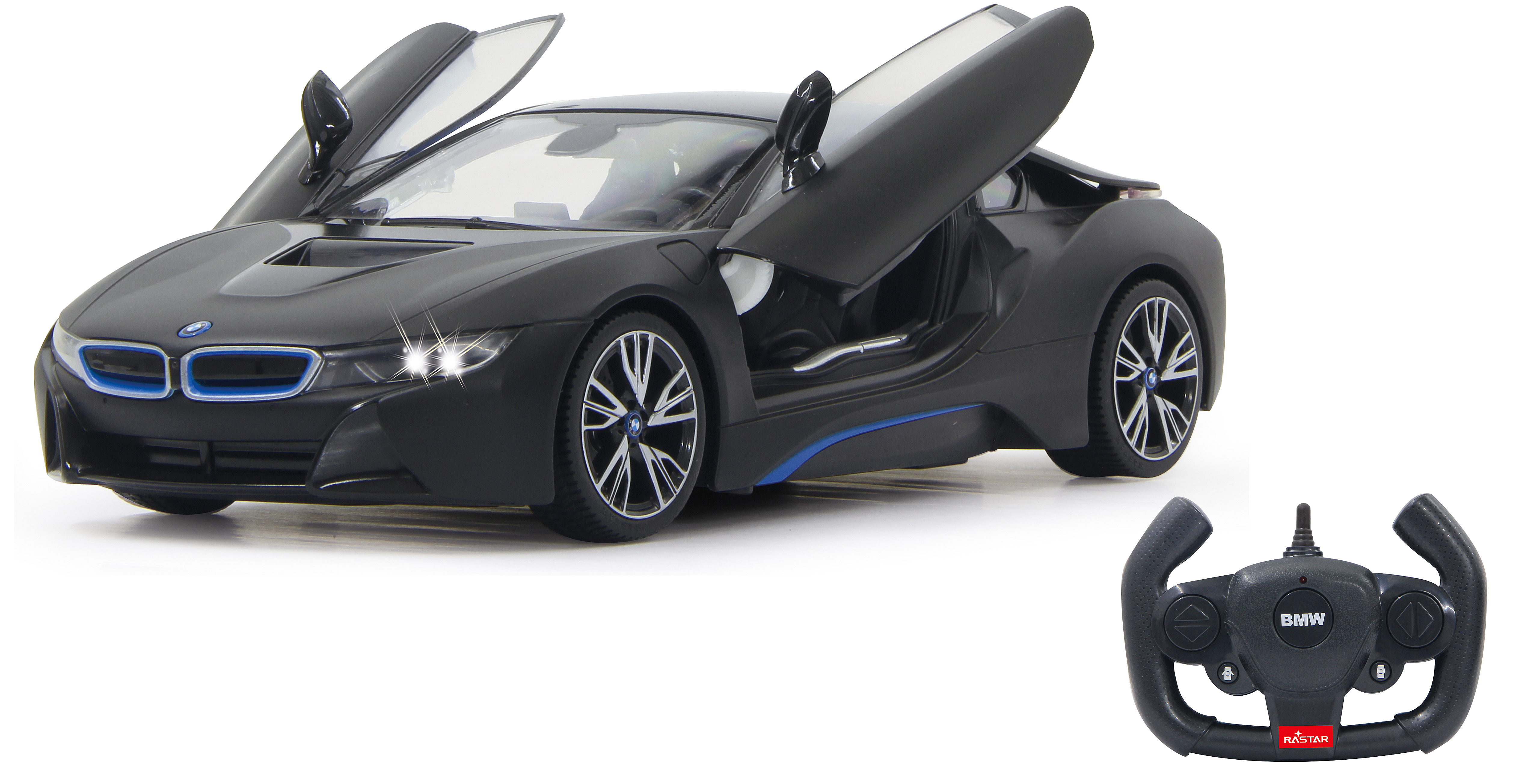 Czarny model samochodu BMW i8 z otwartymi drzwiami i włączonymi reflektorami, z pilotem.