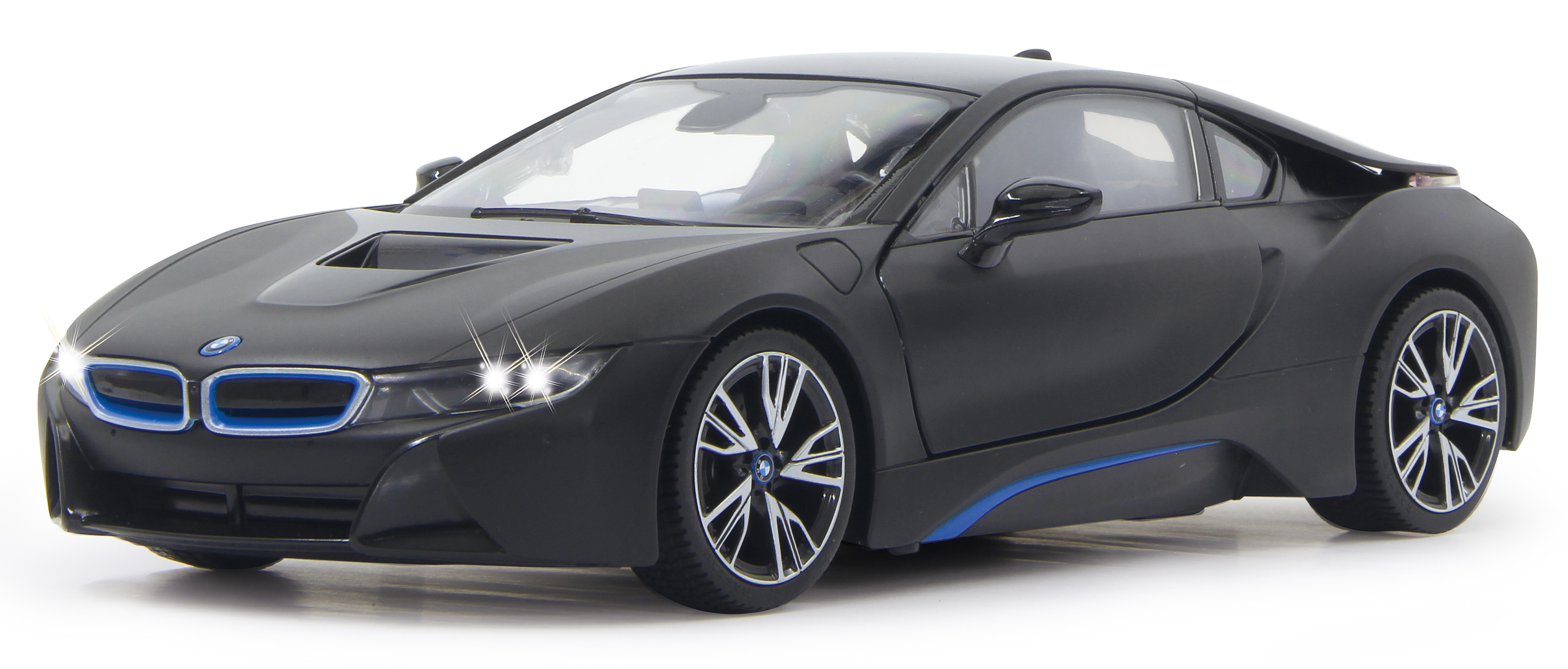 Czarny model samochodu BMW i8 z włączonymi reflektorami na białym tle.