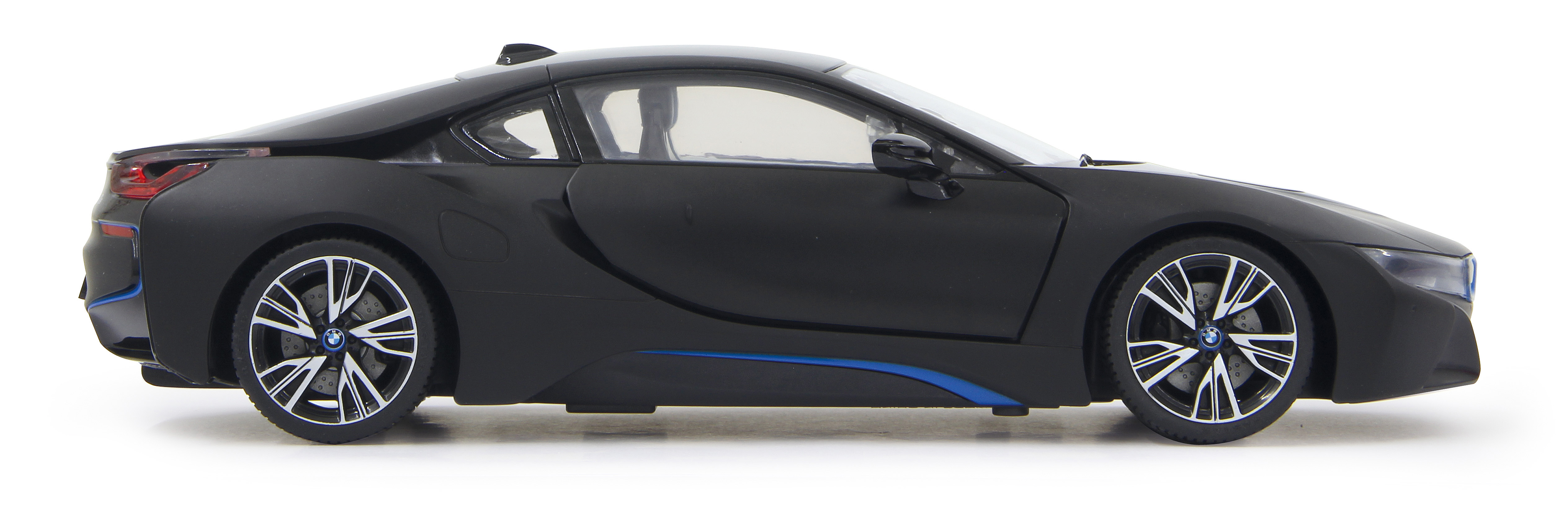 Widok z boku czarnego modelu samochodu BMW i8 na białej powierzchni.