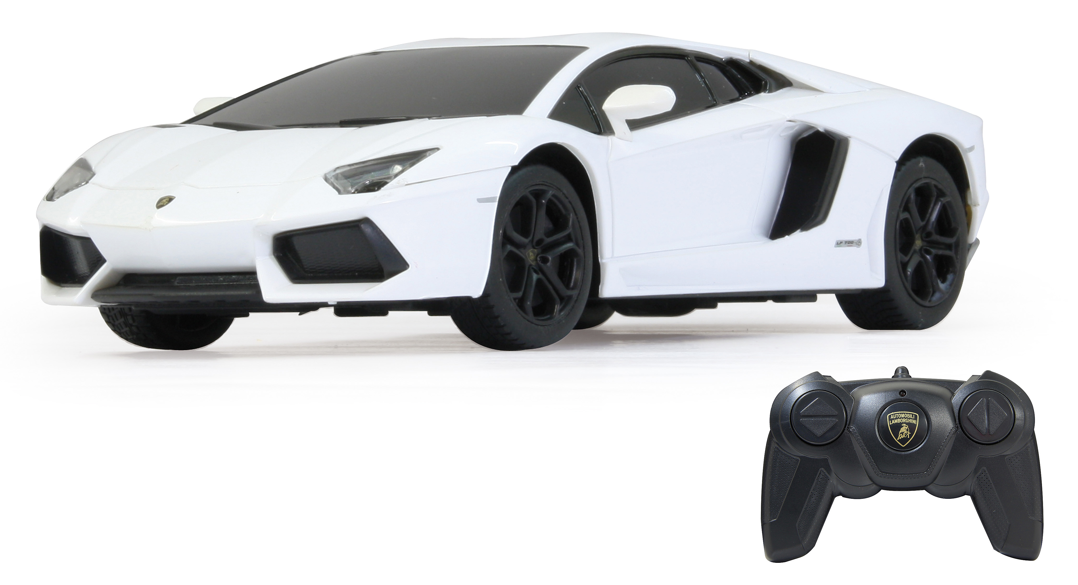 Biały samochód zabawkowy Lamborghini z czarnym pilotem.